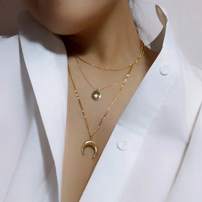 2022 Fashion Jewelry Multiply Layer Moon & Star Stainless Steel Gold Chain Necklace