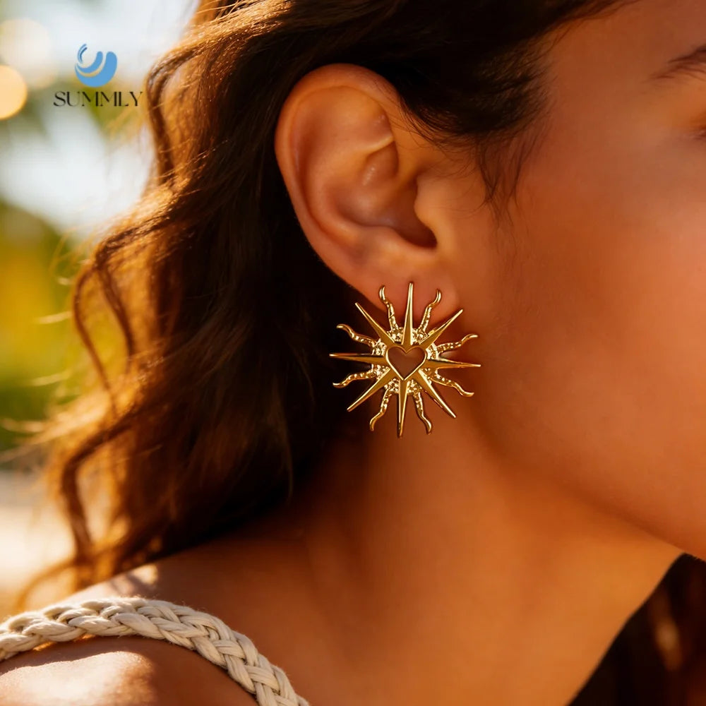 SUMMLY 18K PVD Gold Plated Sunburst Heart Cutout Stud Earrings Stainless Steel Waterproof Summer Beach Vacation Ear Jewelry