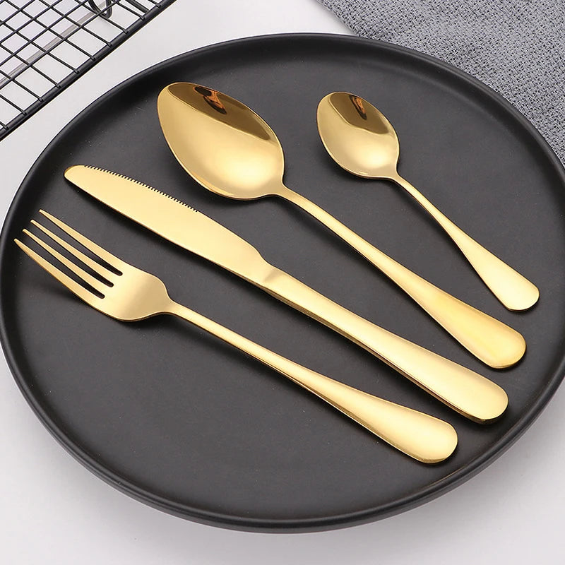 Stainless Steel Western Dining Tableware Set Steak Knife and Fork Hotel Tableware Golden Steel Knife and Fork Spoon 5pcs Set