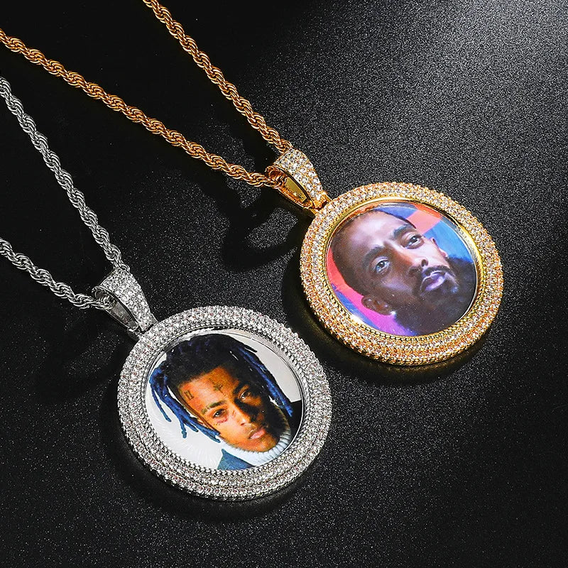 Women's Hiphop Punk Bronze All Diamond Crystal Photo Locket Pendant Necklace Gold Plated Link Chain for Friends and Family