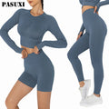 PASUXI Women Yoga Set Seamless Fitness Long Sleeve Top High Waist Leggings Shorts Sports Gym Suits