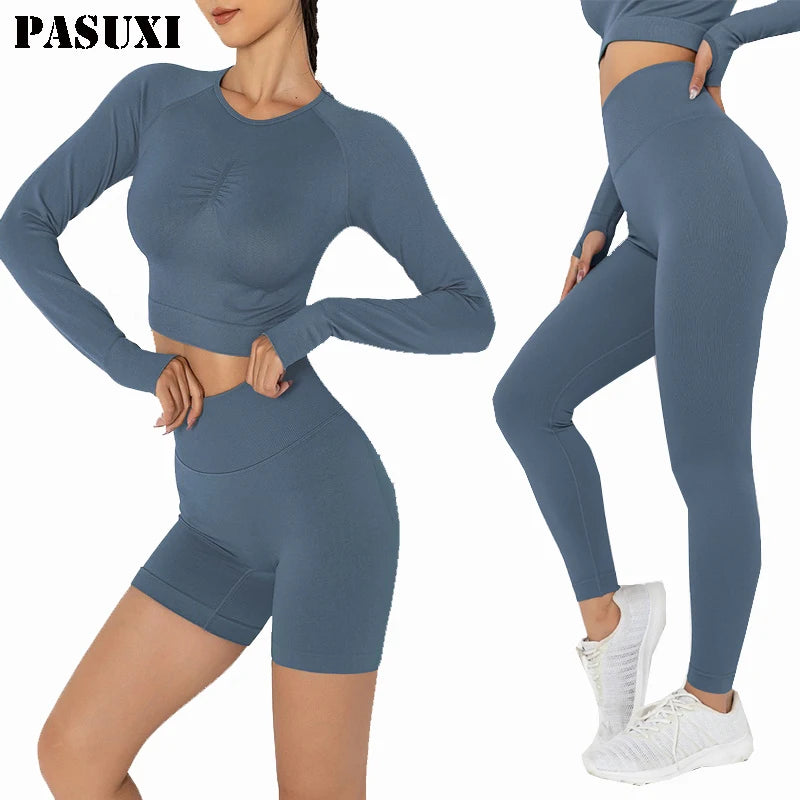 PASUXI Women Yoga Set Seamless Fitness Long Sleeve Top High Waist Leggings Shorts Sports Gym Suits