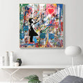 100% Hand-painted Girl Chasing Red Balloon Graffiti Art Street Canvas Art Oil Canvas Paintings Color