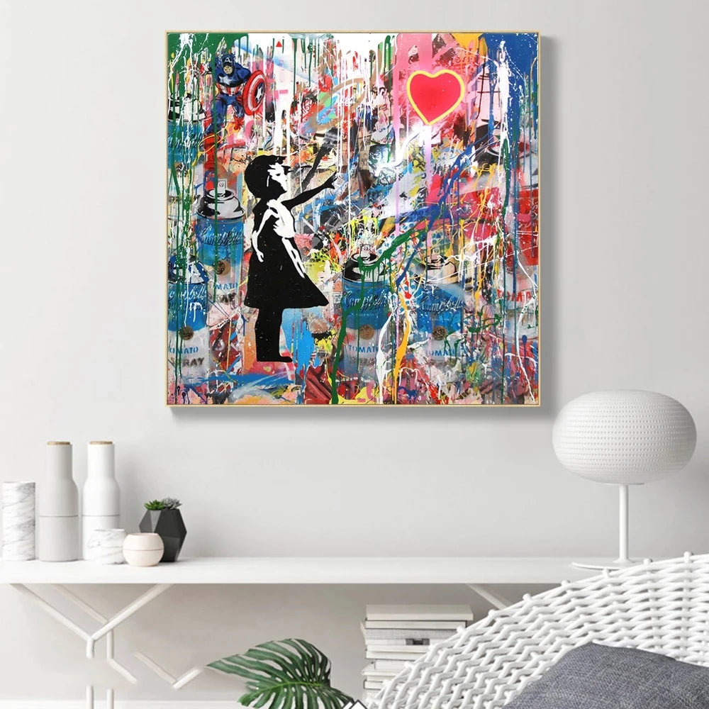100% Hand-painted Girl Chasing Red Balloon Graffiti Art Street Canvas Art Oil Canvas Paintings Color