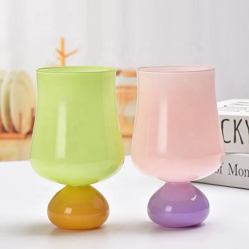 Goblet  Vintage Glass Retro Water Juice Milk Cups for Girls Two-tone Cups Water Glass Cup