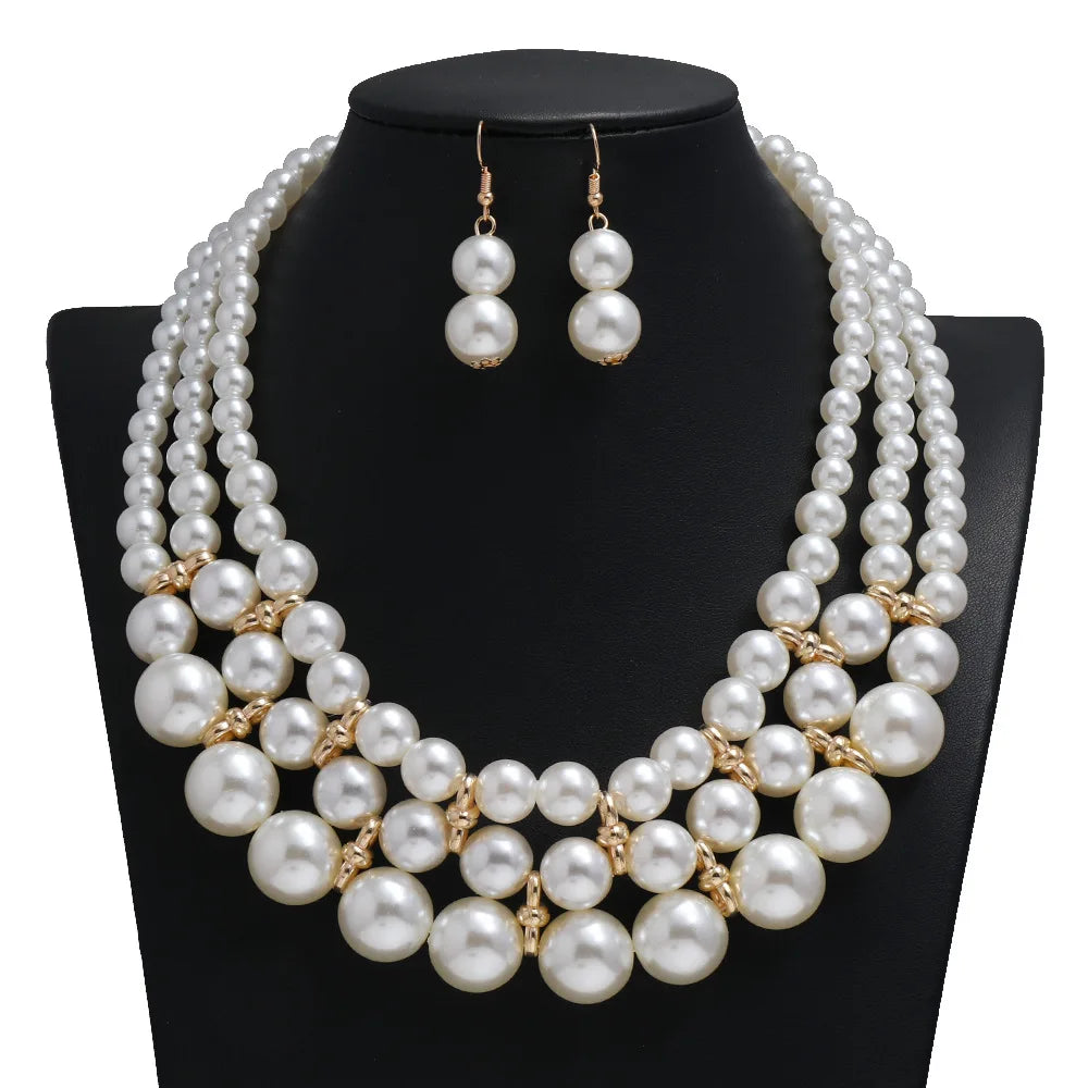 LYX283 Hot Selling Fashion Pearls Jewelry Set Women Multi Layer Pearls Necklace Earrings Set Jewelry