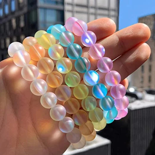 8mm Frosted Mystic Mermaid Glass Friendship Bracelet Holographic Mermaid Glass Rainbow Aura Borealis Bead Bracelets