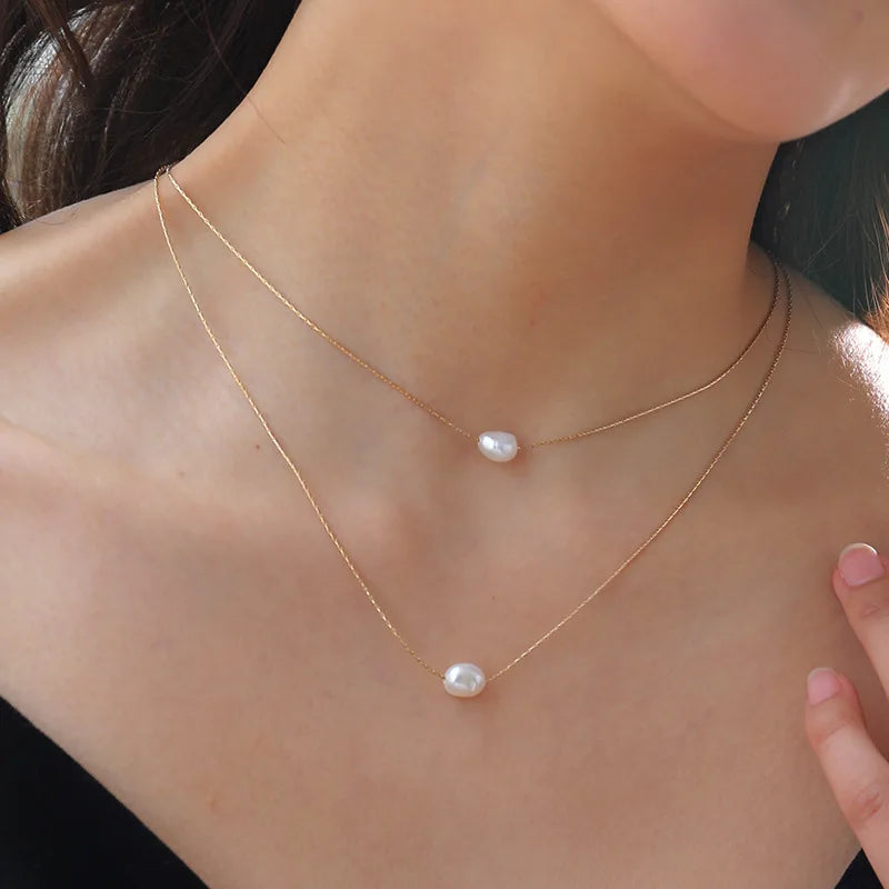 Chic Double Layer Natural Freshwater Pearl Clavicle Necklace Gold Plated Multilayer Baroque Pearl Necklace