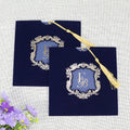 Custom Navy Blue Faire Part Marriage Invitation Card Velvet Pocket with Tassel Gold Foiling Printing