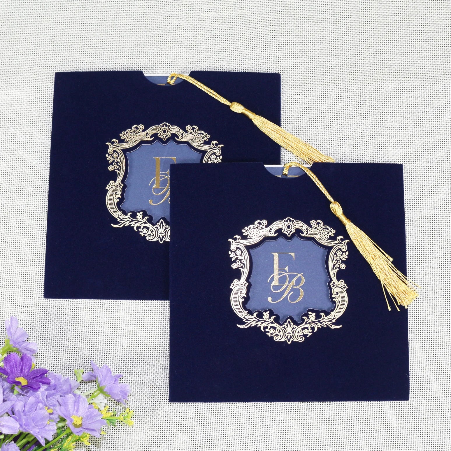 Custom Navy Blue Faire Part Marriage Invitation Card Velvet Pocket with Tassel Gold Foiling Printing
