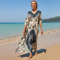Women's Plus Size Loose Fit Moroccan Print V-Neck Batwing Kaftan Bathing Suit Cover up Beach Dress