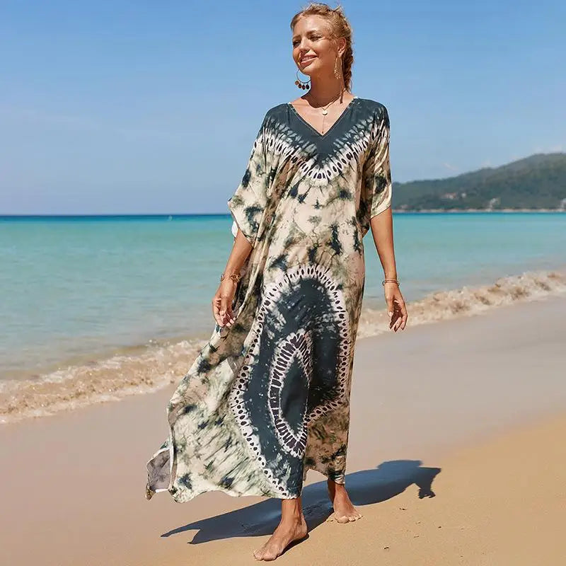 Women's Plus Size Loose Fit Moroccan Print V-Neck Batwing Kaftan Bathing Suit Cover up Beach Dress