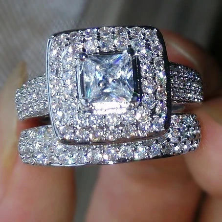CAOSHI Top Quality Luxury Jewelry Shiny Princess Cut Zircon Rings Square Ring Women Girls Delicate Silver Ring Set
