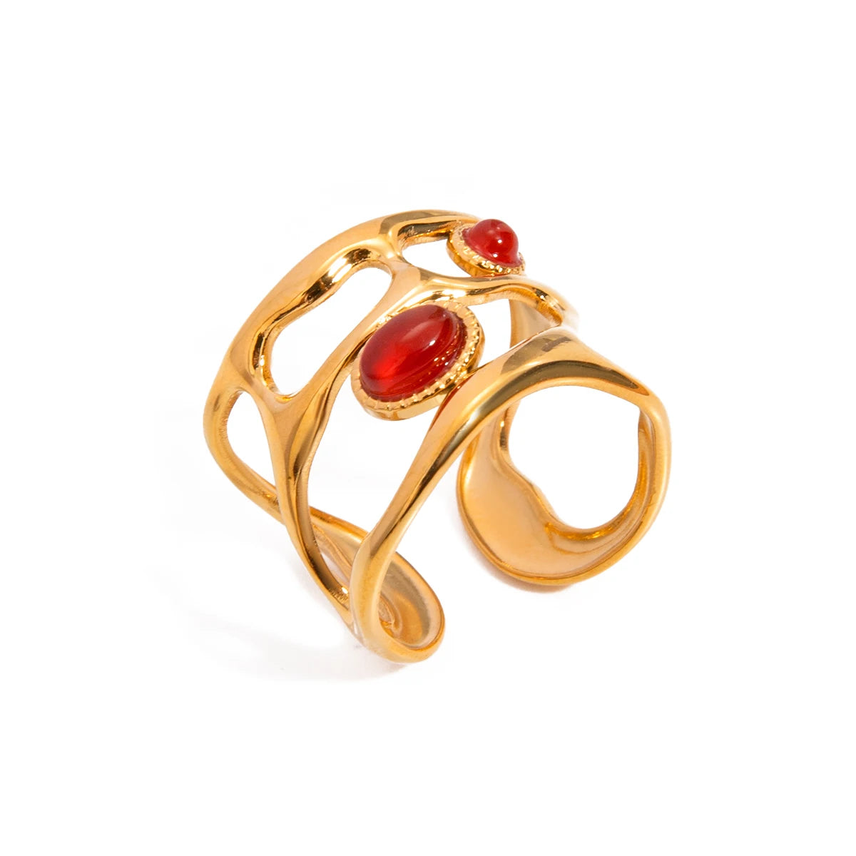 Fashion Jewelry 18K Gold Plated Stainless Steel Hollow Layer Irregular Red Agate Stone Open Ring for Girls