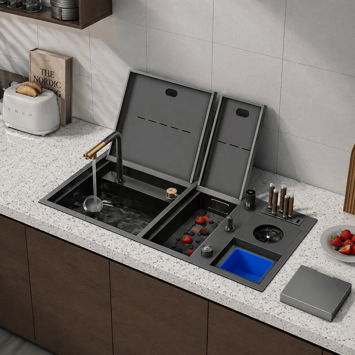 WN Multifunction Workstation Kitchen Sink 304 Stainless Steel Double Bowl with Integrated Cover Glass Rinser and Hidden Faucet MegaBDM