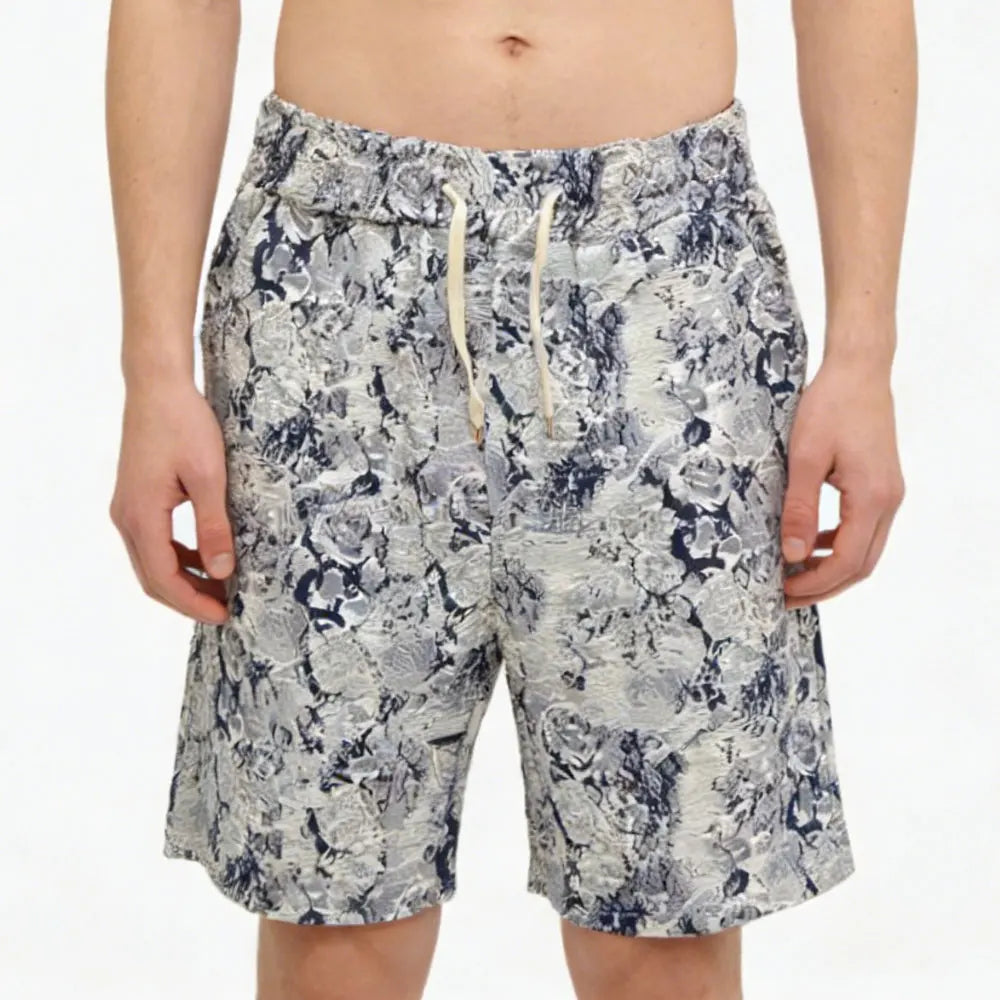 Custom Men's Casual Shorts with Embroidery Distressed Jacquard Weave Floral Pattern Tapestry