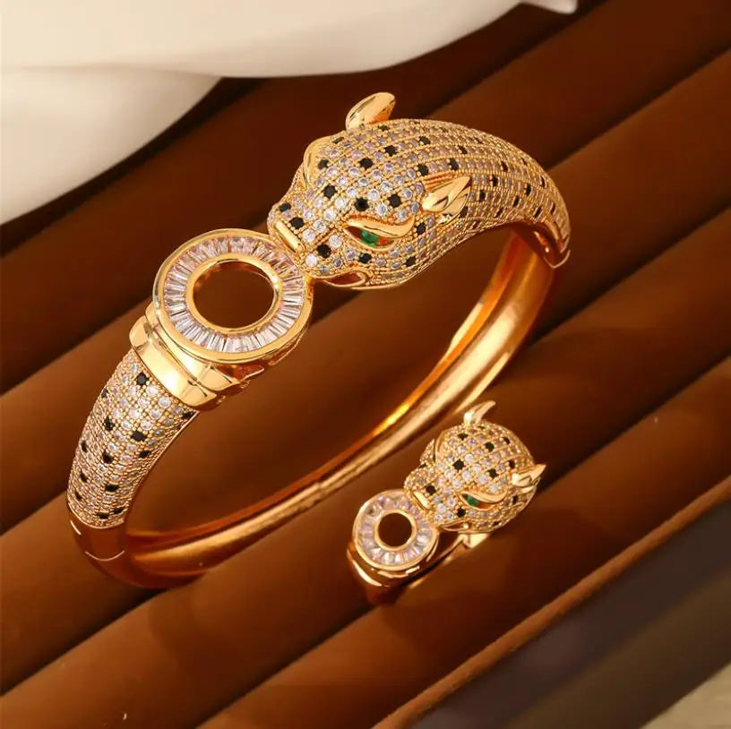 Caicai Leopard Bangle Brass Jewelry Open Gold-plated Bangle Full of Diamonds Ring Light Luxury High-grade Micro Inset Zircon