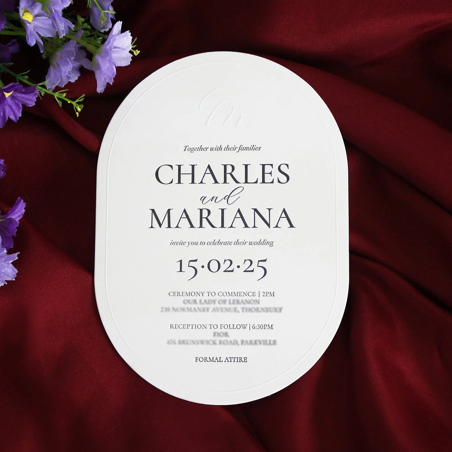 Oval Shape Cotton Paper Black Ink Letterpress Printing Wedding Invitation Card With Emboss Border and Initial