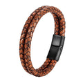 Double Layer Brown Braided Genuine Men's Leather Bracelet with Pvd Black Stainless Steel Magnetic Clasp Leather Bracelet for Men