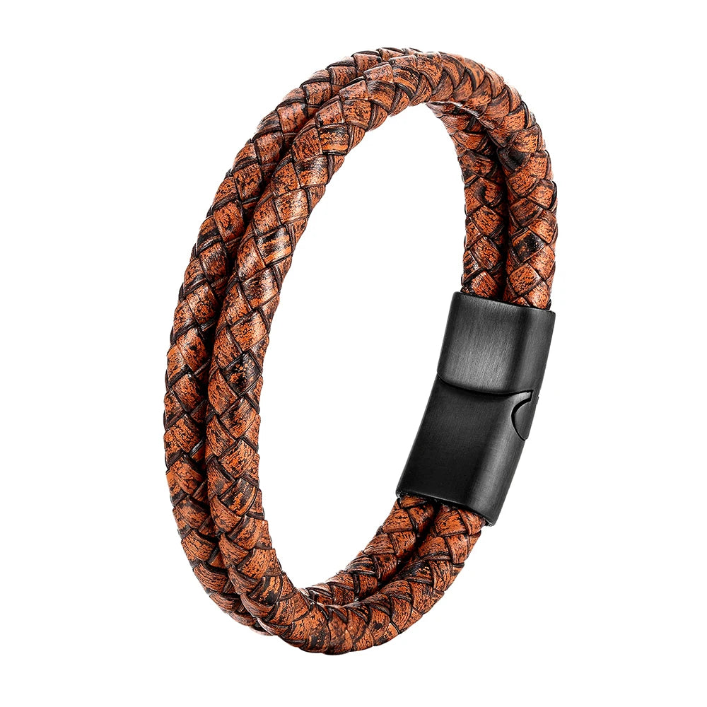 Double Layer Brown Braided Genuine Men's Leather Bracelet with Pvd Black Stainless Steel Magnetic Clasp Leather Bracelet for Men