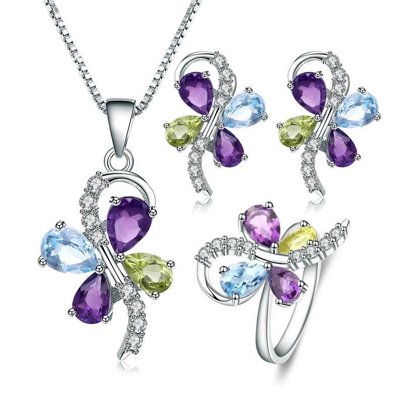 2025 Abiding Peridot Amethyst Sky Blue Topaz Mix Stone 925 Sterling Silver Multi Color Butterfly Jewelry Set for Women