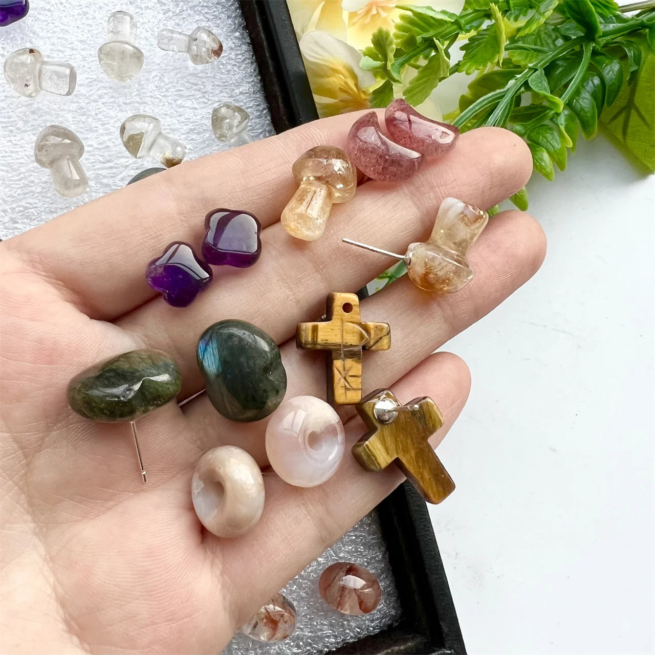 Natural Crystal Earrings 925 Silver Heart  Mushroom Flower Cross Personalized Quartz Earrings