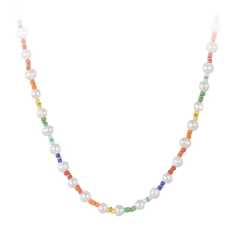 14K Gold Plated Stainless Steel Jewelry Rice Beads Natural Pearl Stitching Accessories Necklaces P223301