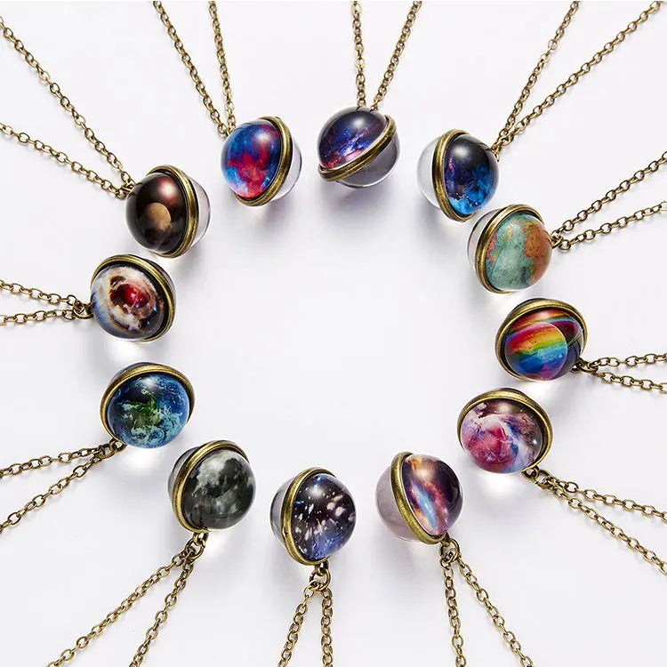 New Vintage Handmade Necklace Double Sided Glass Ball Pendant Necklace Creative Luminous Nebula Universe Planet Jewelry for Girl