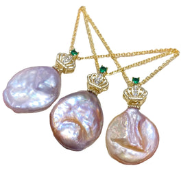 Elegant Women Crown Purple Freshwater Baroque Pearl Pendant Adjustable Chain Necklace