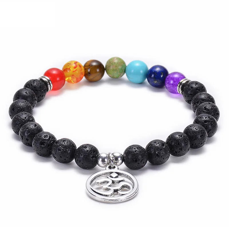Black Lava Rock 8mm Beads 7 Chakra Healing Balance Wristband Reiki Prayer Stone Yoga OM Lotus Tree of Life charm Bracelet gift