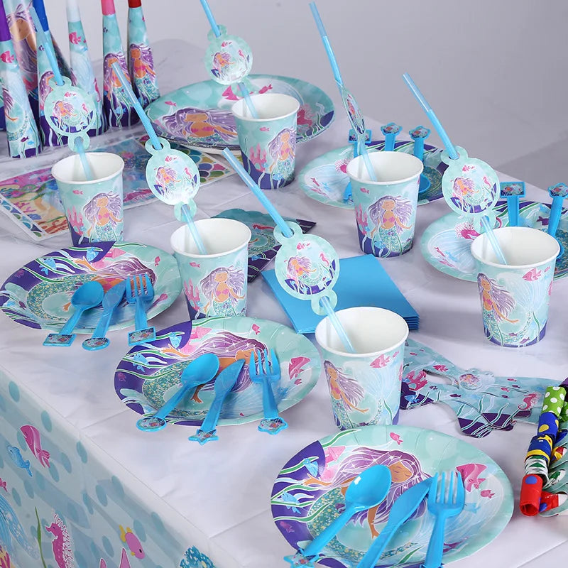 Mermaid-themed Party Decorations Set Paper Plate Paper Cup Cake Stand  Children's Party  Tableware