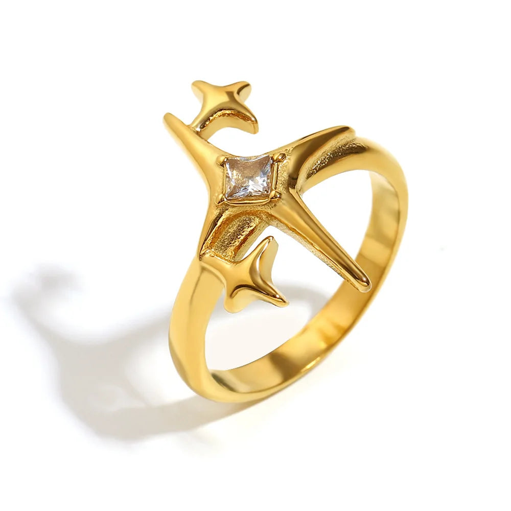 New Arrival 18K Gold Plated North Star Zircon Jewelry Trendy Stainless Steel Rings Anti-Tarnish Wedding Occasion Jewelry