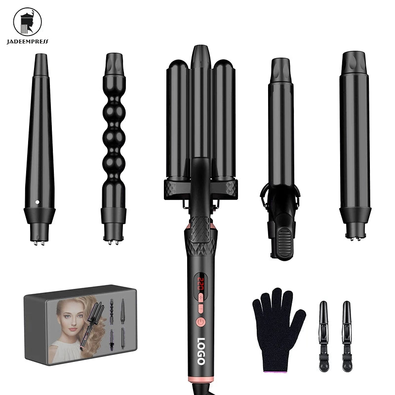 Professional Ceramic Luxury Design Interchangeable Adjustable 3 Barrel LCD Temperature Display PTC Electric Hair Household