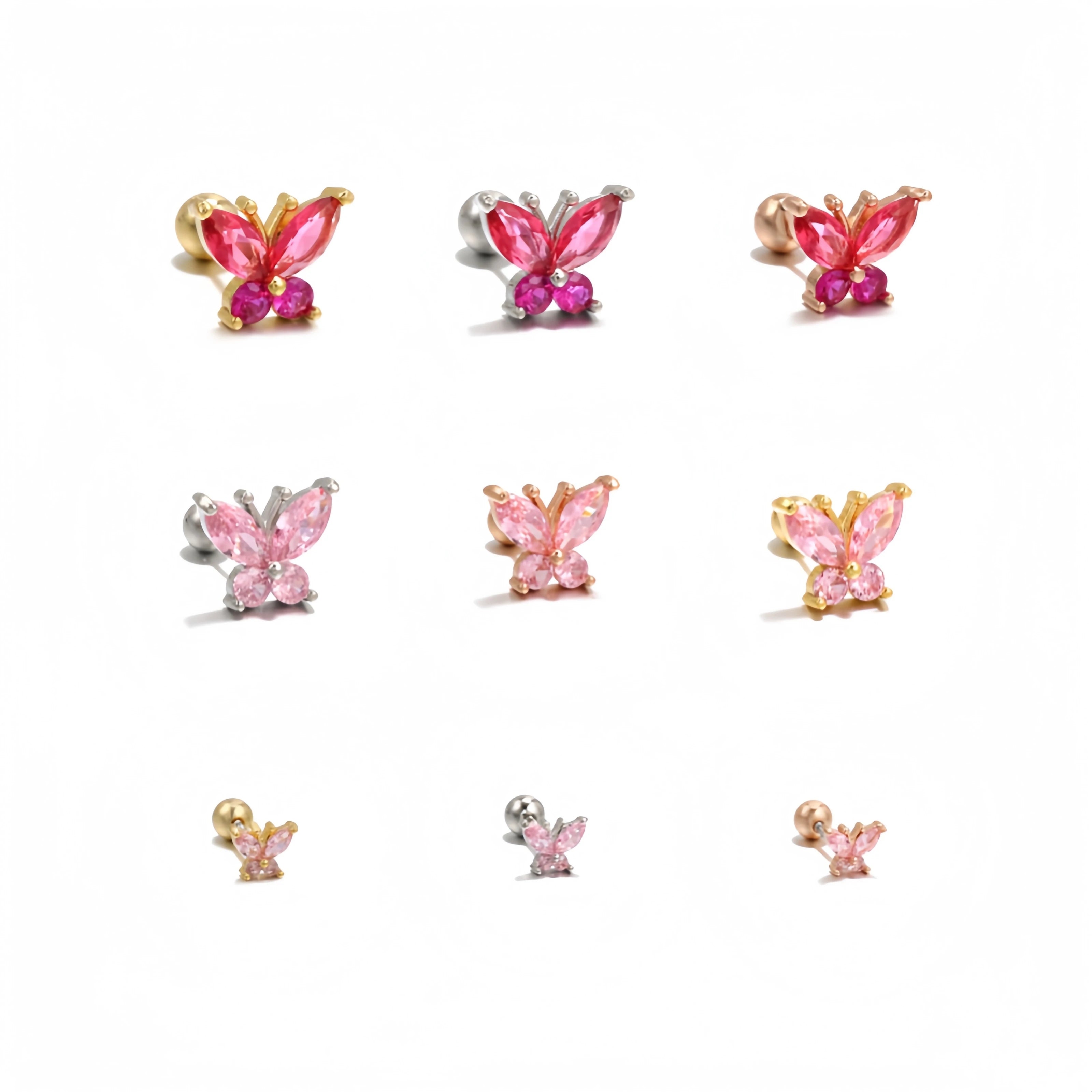 Fashion Gemstone Mini Butterfly Ear Bone Nail Pink Girl 18K Gold Plated Small Piercing Diamond Zircon Studs Earring for Women