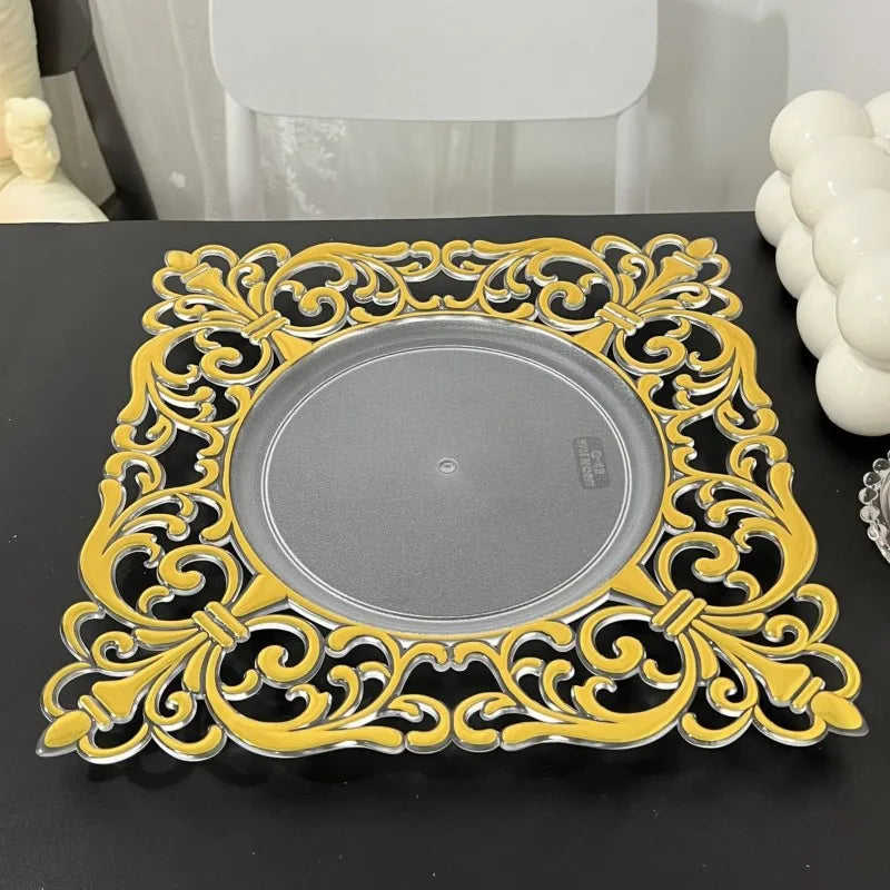 Luxury 12 Inch Gold Rim Square Plastic Charger Plate for Candy Chocolate Fruit Display at Weddings & Parties