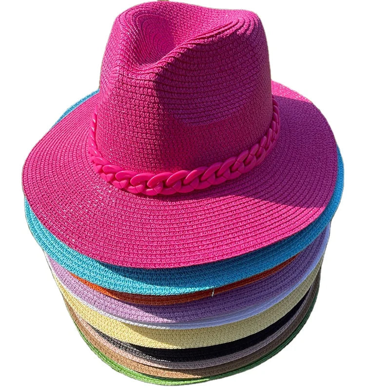 Wholesale Summer Colour Fadora Hats Painted Chain Design Paper Straw Fedora Hats for Fashion Women Lady Outdoor Fashion