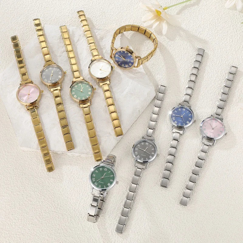 Casual DIY Module Stitching Multi-Color Retro Steel Watch Strap Joker Ins Style Band Width Quartz Alloy  Watch