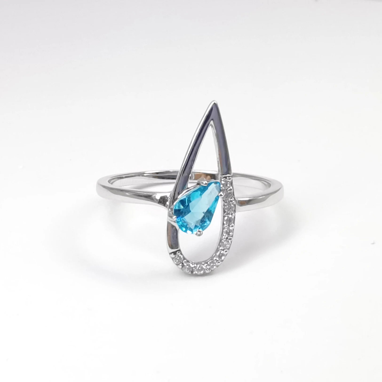 Wholesale Price Sterling Silver Vintage Wedding Rings Bezel Setting Rhodium Plated Natural Blue Topaz CZ Teardrop 925 Sterling
