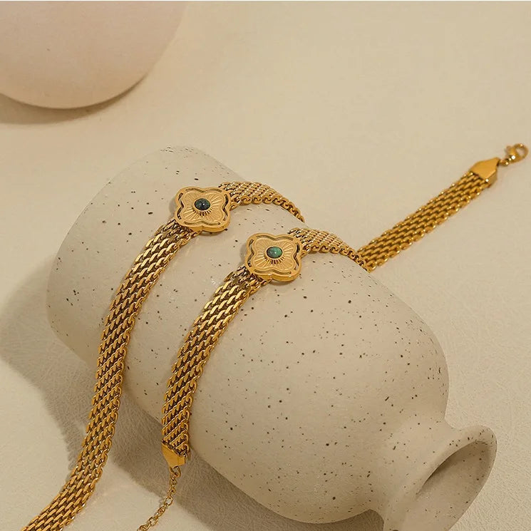 MECYLIFE Ensembles De Bijoux Natural Stone Stainless Steel Women Mesh Belt Chain Bracelet Necklace Clover Jewelry Set 18K Gold