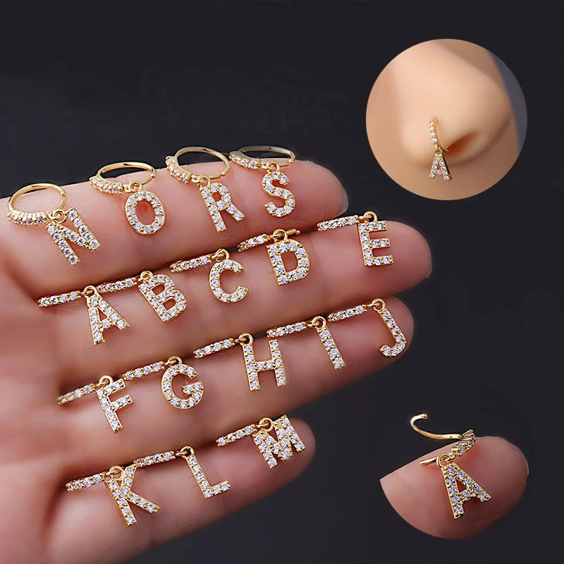 Fashionable 8 MM 18K Gold Plated Alphabet Dangling Nose Ring Micro Inlaid Zircon CZ 26 Initial Letter Nose Ring Piercing Jewelry