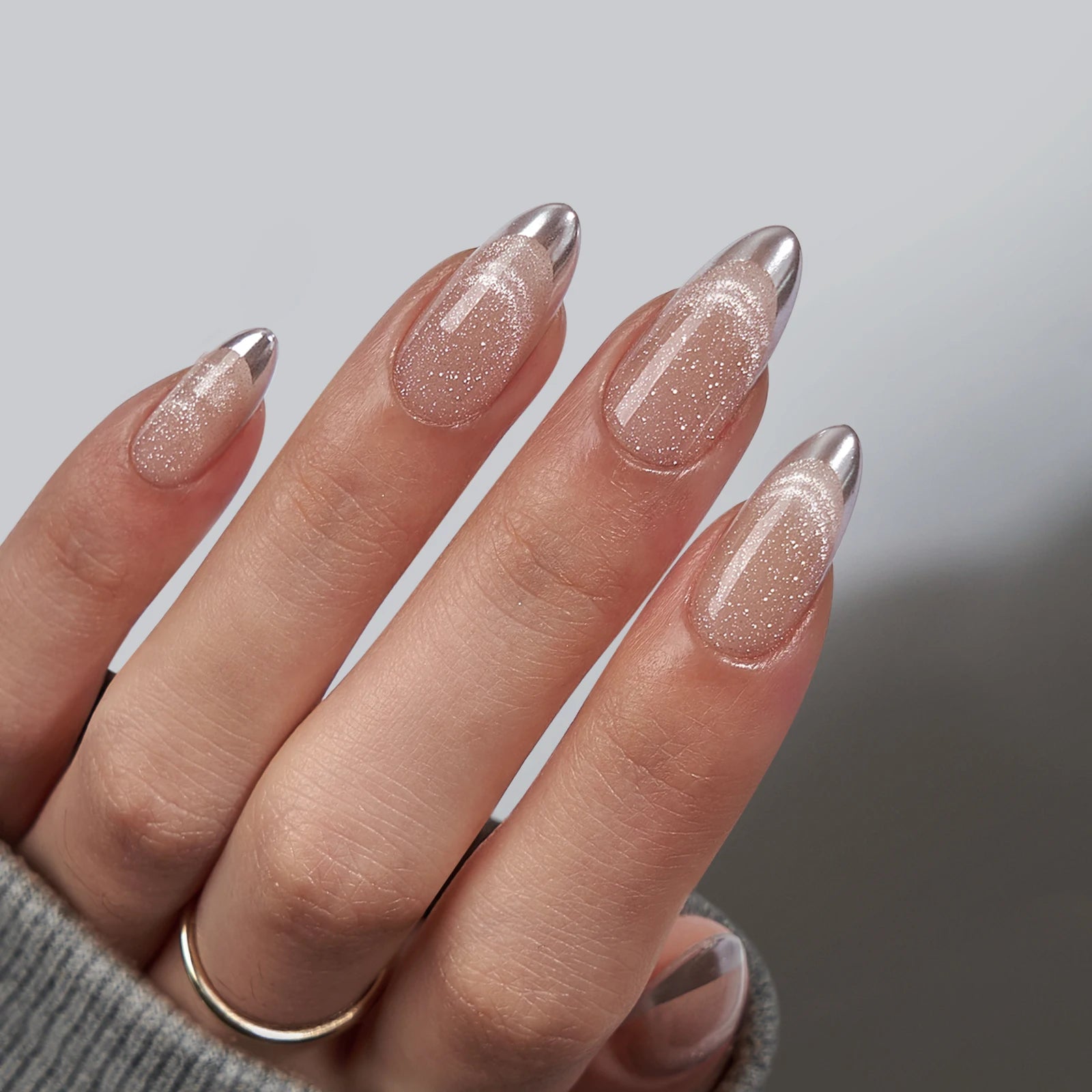 BTArtbox 30pcs Reusable Sliver Shinny Artificial False Fake Nails Wholesale Soft Gel French Tip Cat Eye Press on Nails with Glue