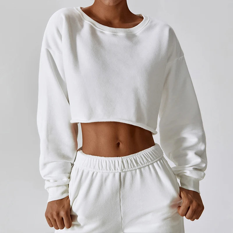L800864 2026 Custom Spring Jumper Jogger Set Gym Workout Terry 2 Piece Women Set Women Terry Cotton Crop Hoodie Sweatshirt Set
