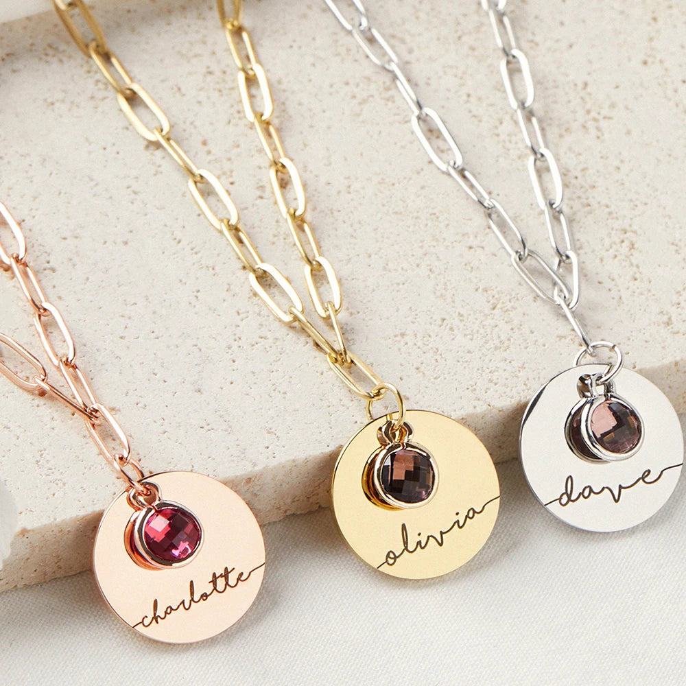 New Style Customization Paperclip Necklace With Zircon Gold Round Stainless Steel Custom Name Birth Flower Necklace
