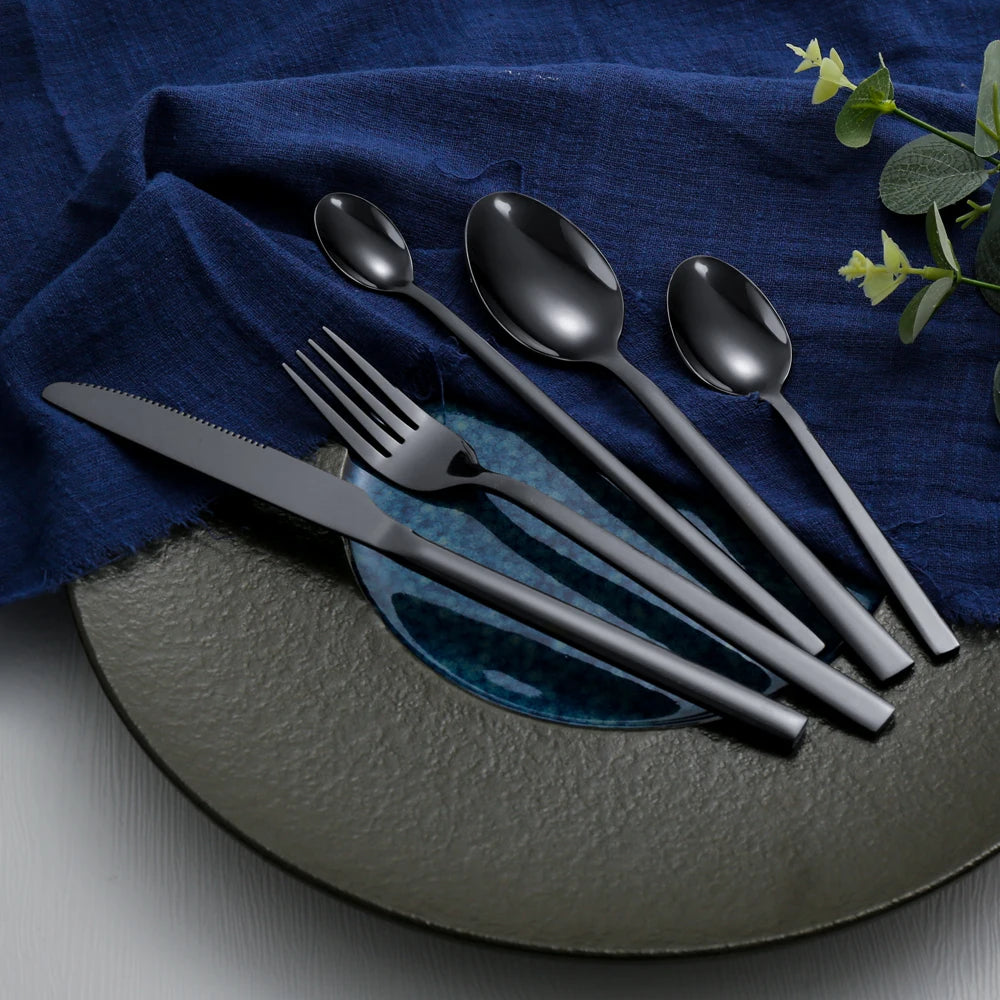 Custom logo Restaurant Dinnerware Luxury Wedding  Flatware Set Stainless Steel Black  Cutlery Set with Square Handle