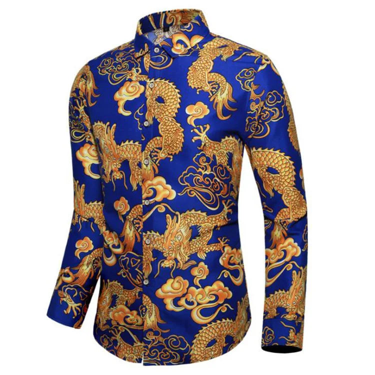 Autumn Spring Clothes Chinese Dragon Shirt Fashion Men Long Sleeves Blouse Print Hawaiian Beach Casual for Man