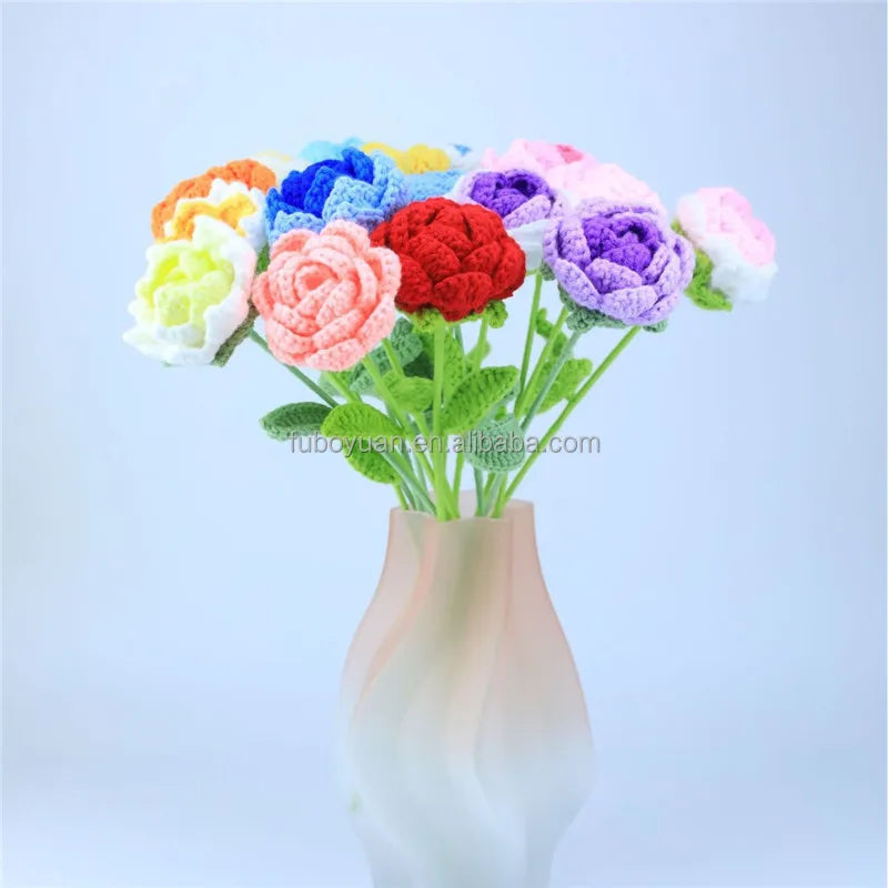 S066 Wholesale Colorful Woven Wine Glass Rose Flower Christmas Valentine's Day Gifts Handmade Knitting Crochet Rose Flowers
