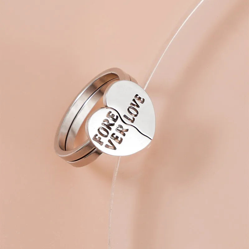Wholesale Stainless Steel Couple Ring Puzzle Matching Heart Decor Lover Ring for Men Women Forever Lover Letter Ring Set