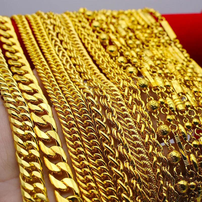 Fashion Live Big Gold Chain Gold Plated Necklace Male 18K Imitation Gold Double Buckle Transfer Bead Rice Word Bamboo Chain