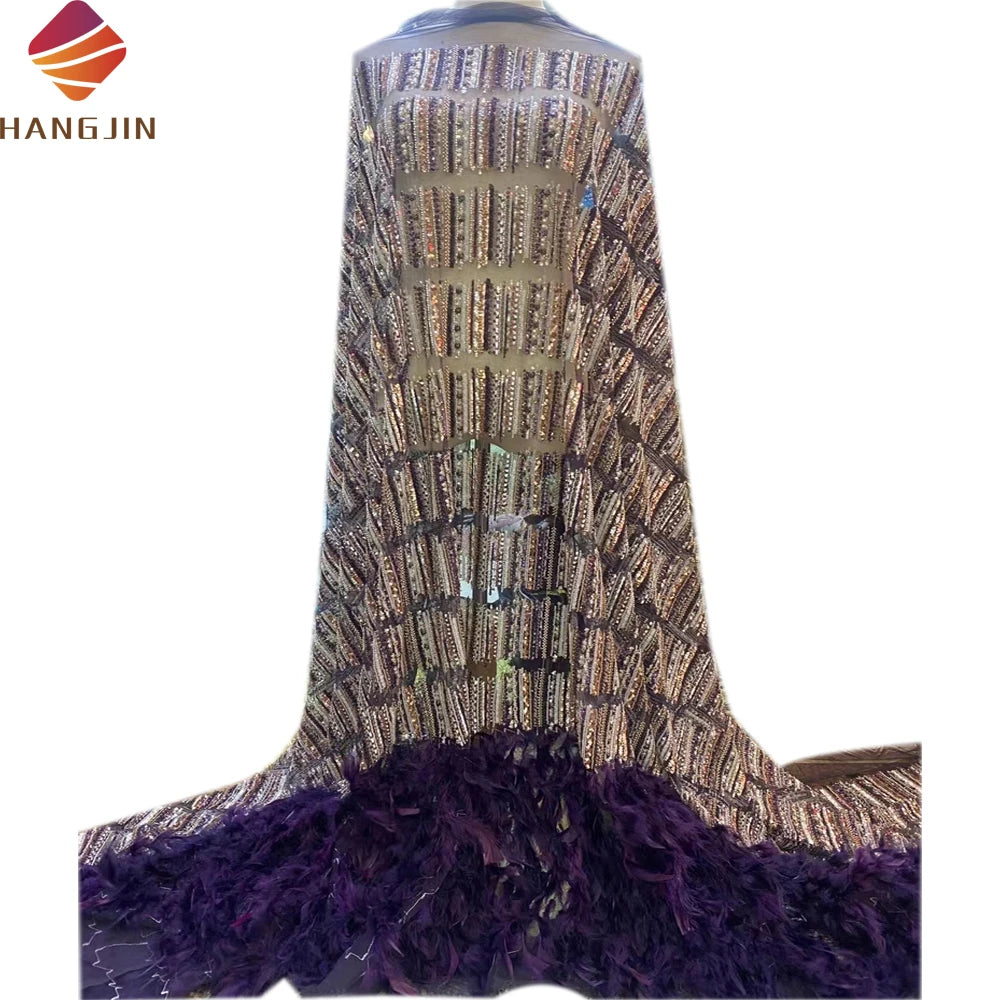 New Design Sparkle Sequins 3D Embroidery Tulle Lace Fabric Luxury Hand Made Beaded Lace Fabric With Feather for Party Dress