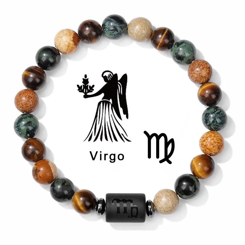 Zodiac Stone Gemstone Bangle Bracelet tiger Eye Picture jasper Custom Make Jewelry Twelve Zodiac Signs Bead Elastic Bracelet